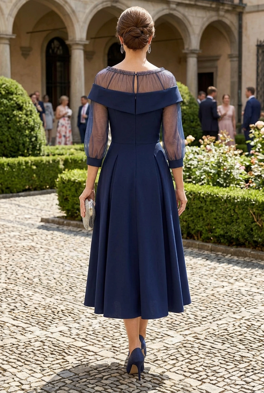 Illusion Foldover Neck Midi Dress with Tulle Sleeves