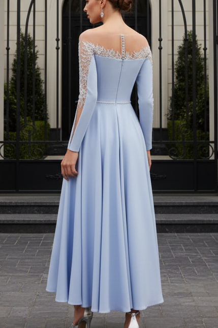 Illusion Beaded Long Sleeve Midi Dress
