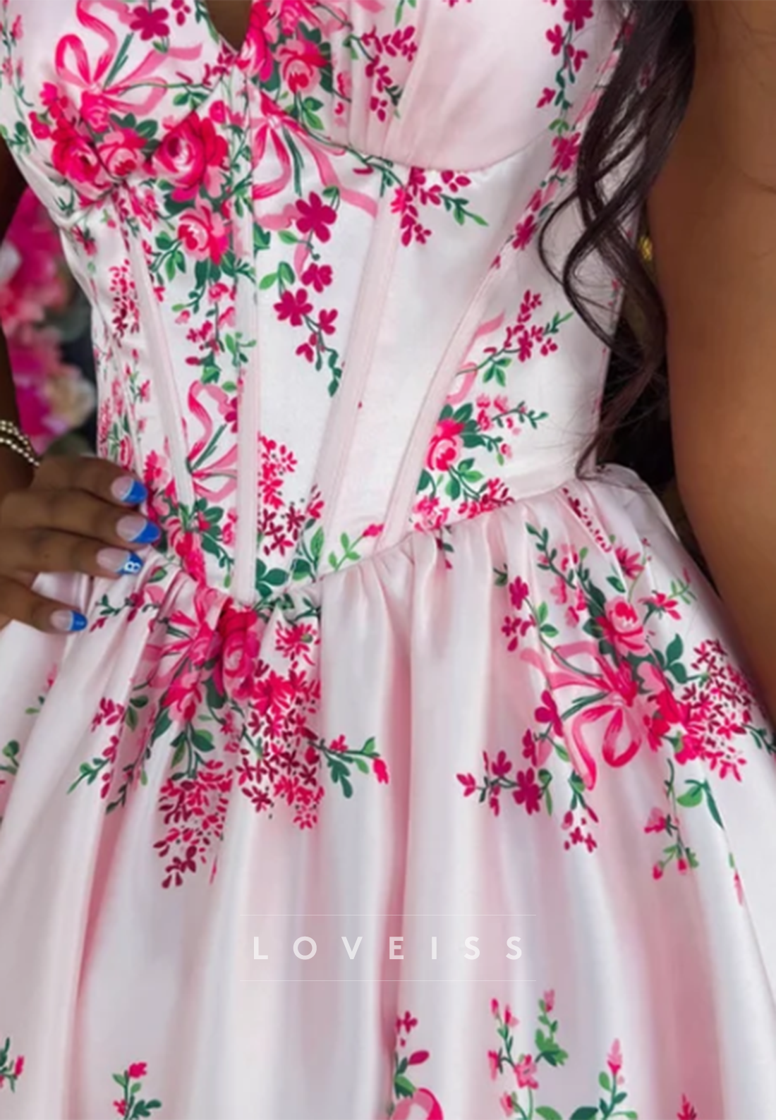 Floral Print Mini Dress with Corset Bodice and Ruffle Hem