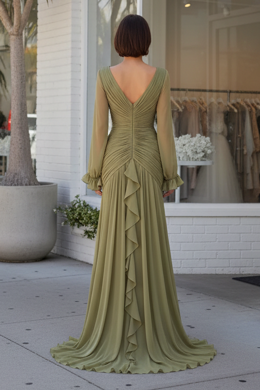 V-Neck Pleated Chiffon Gown with Cascading Ruffles