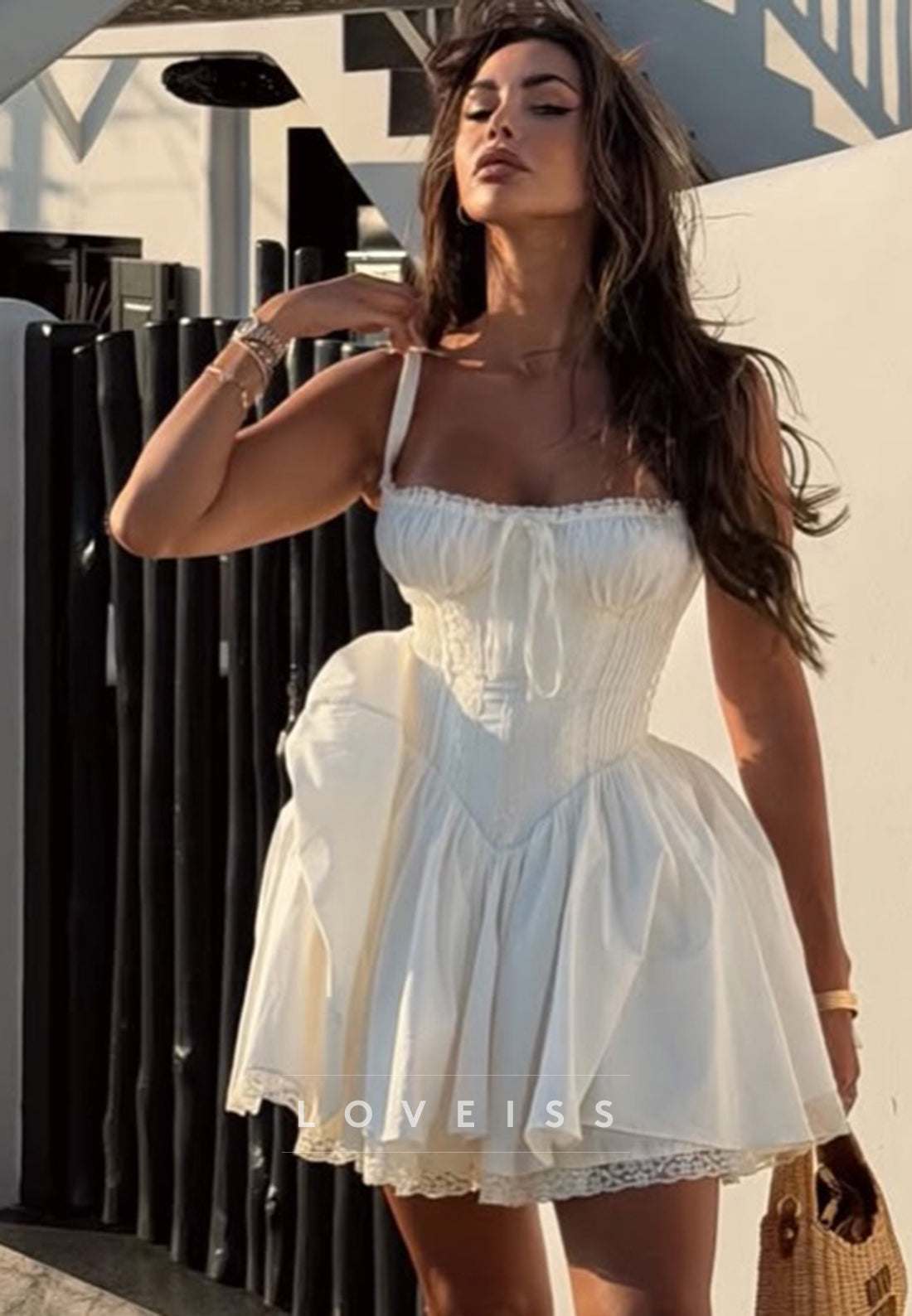 Tie-Front Smocked Corset Mini Dress with Lace Hem