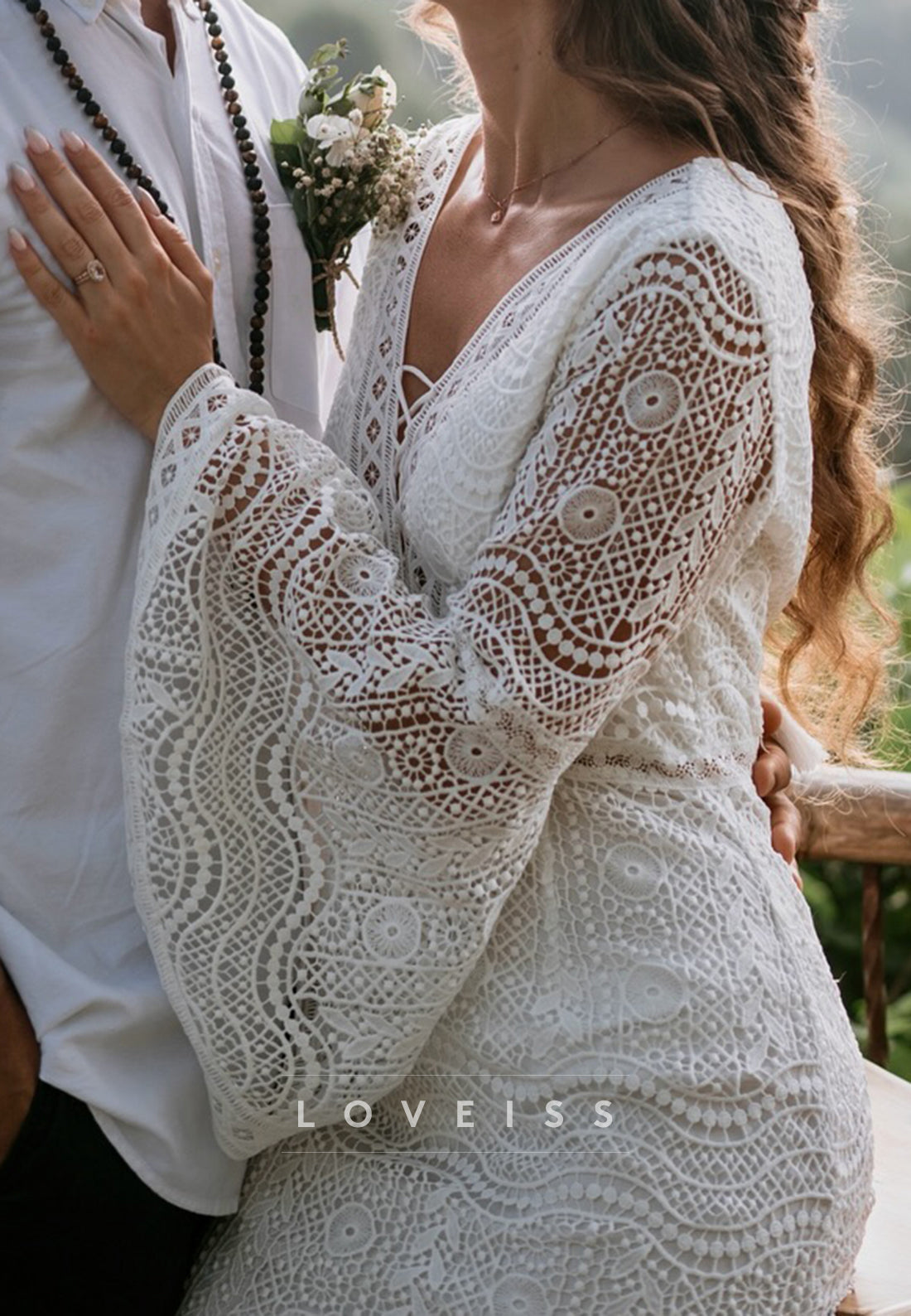 Boho Lace Long Sleeve Mermaid Wedding Dress with Slit