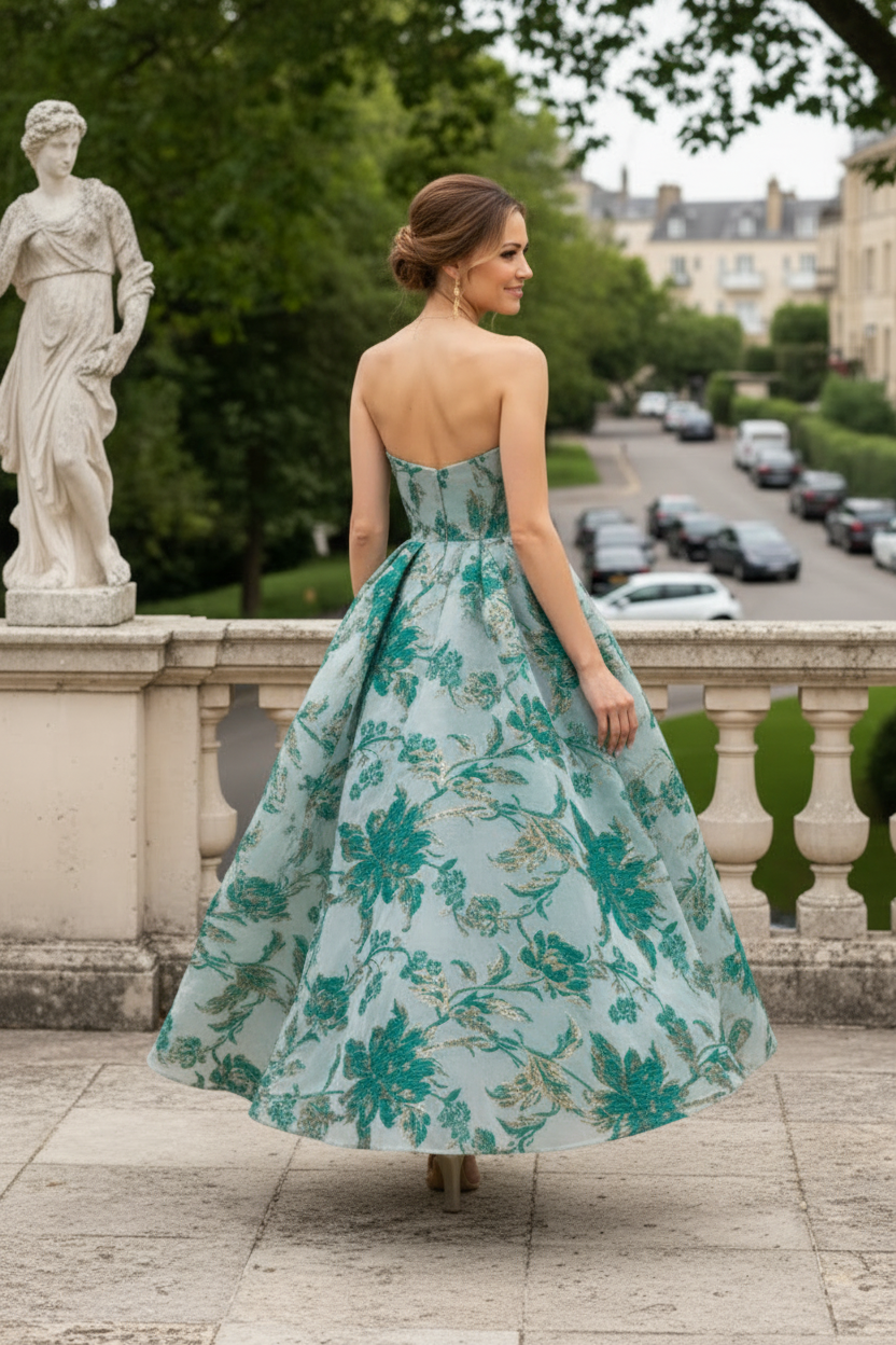 Strapless Metallic Floral Jacquard A-Line Dress