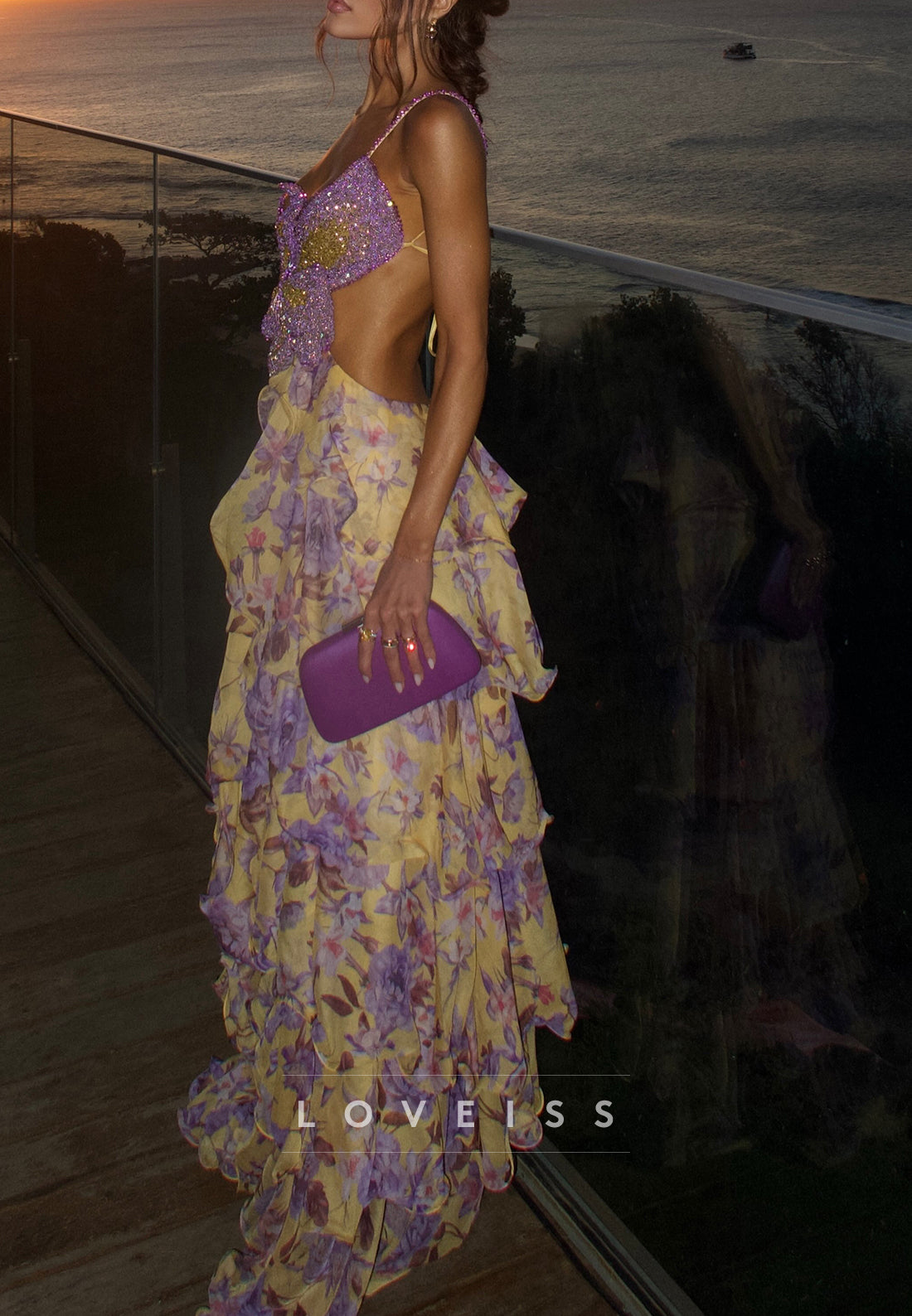 Beaded Flower Bodice Tiered Maxi Dress