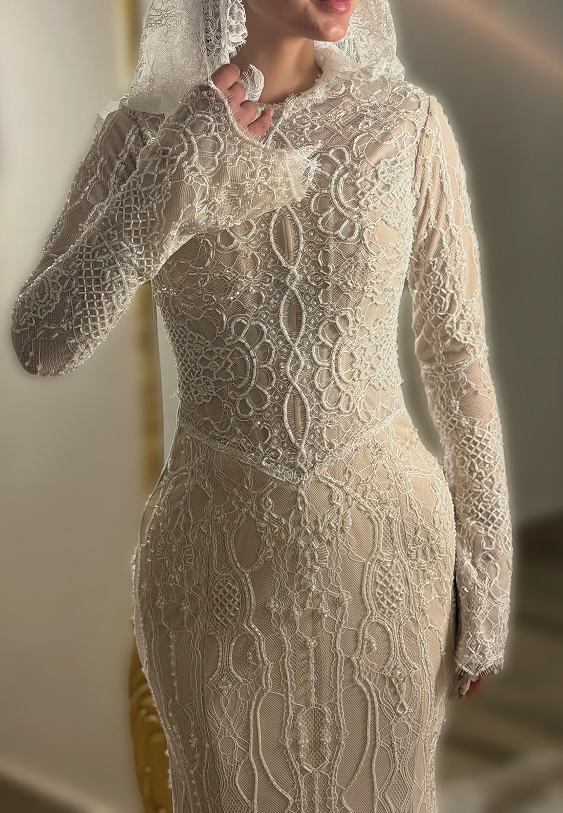 Beaded Lace Long Sleeve Mermaid Wedding Gown