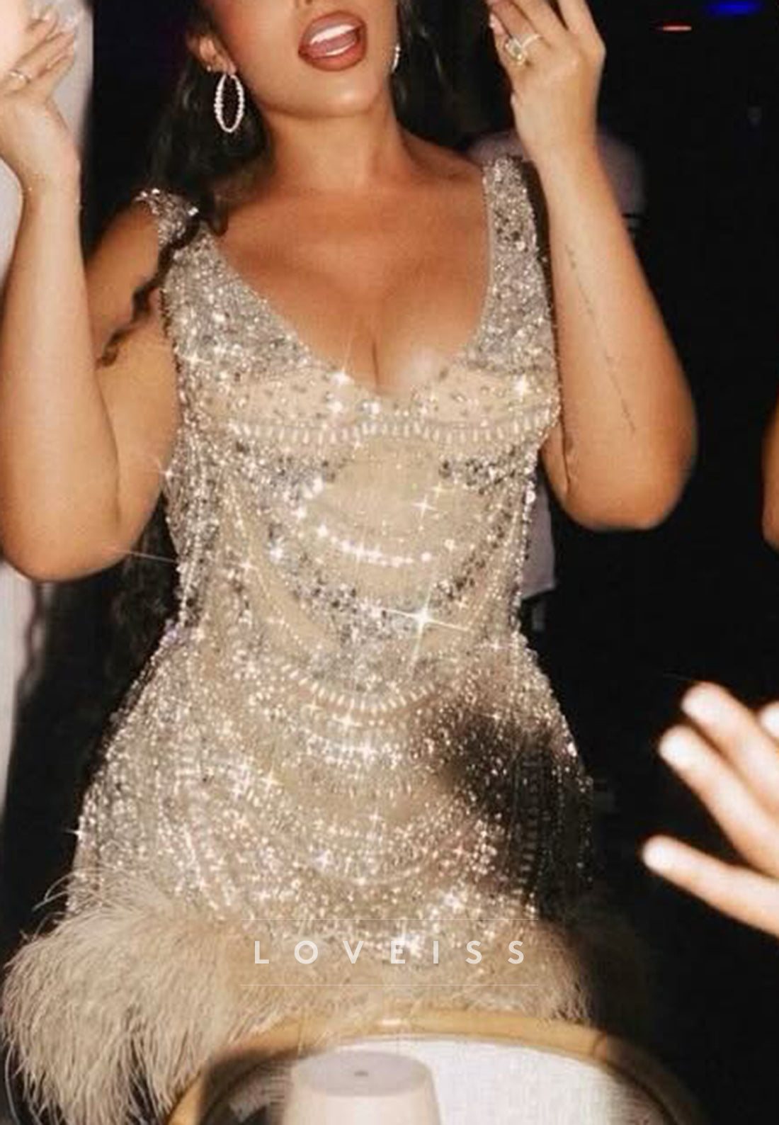 Beaded Pearl Mini Dress with Feather Trim