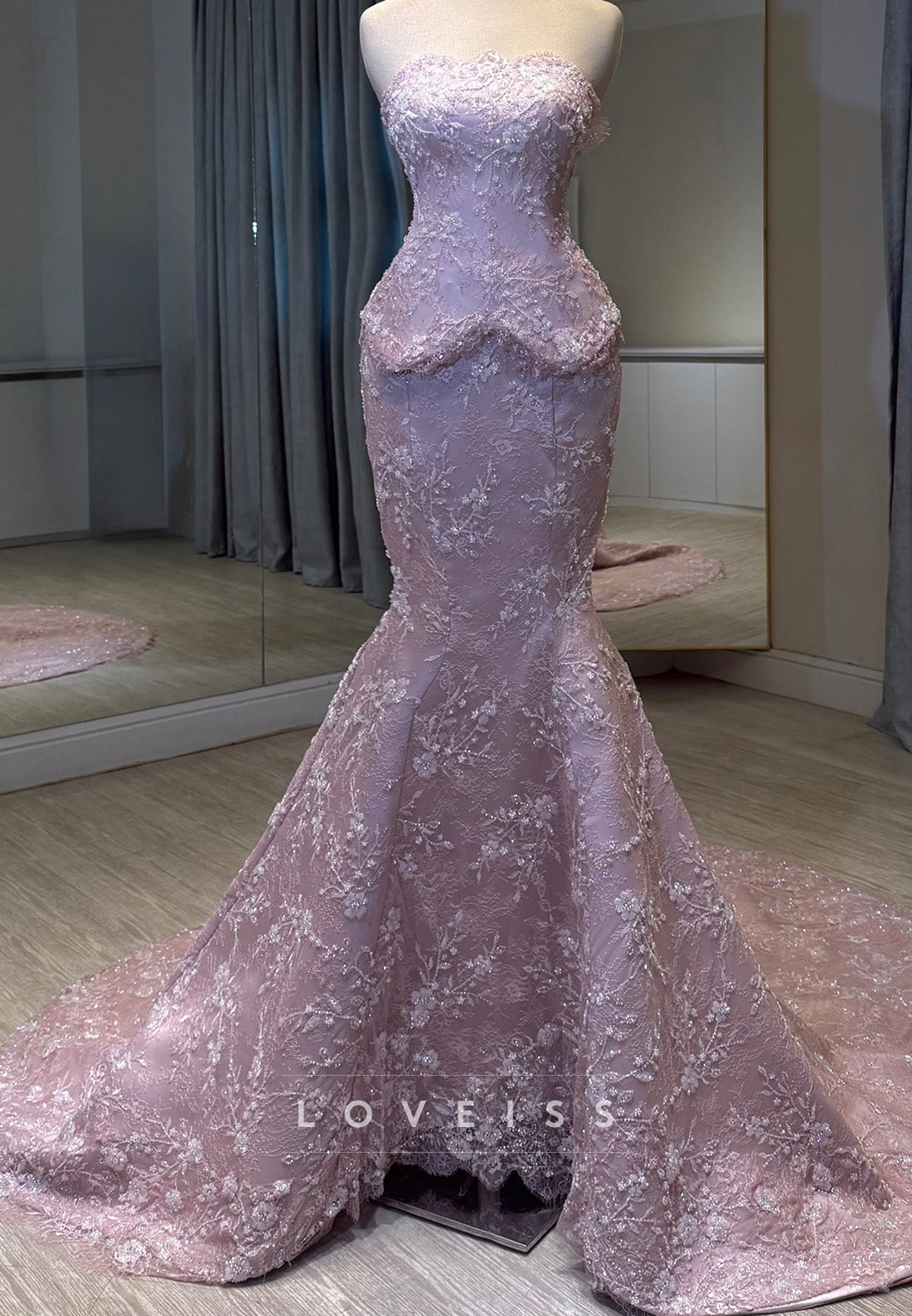 Strapless Lace Mermaid Gown with Peplum Waist