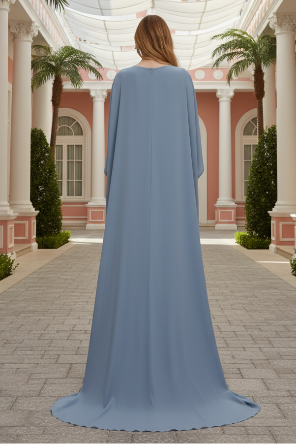 Bateau Neck Draped Sleeve Pleated Waist Gown