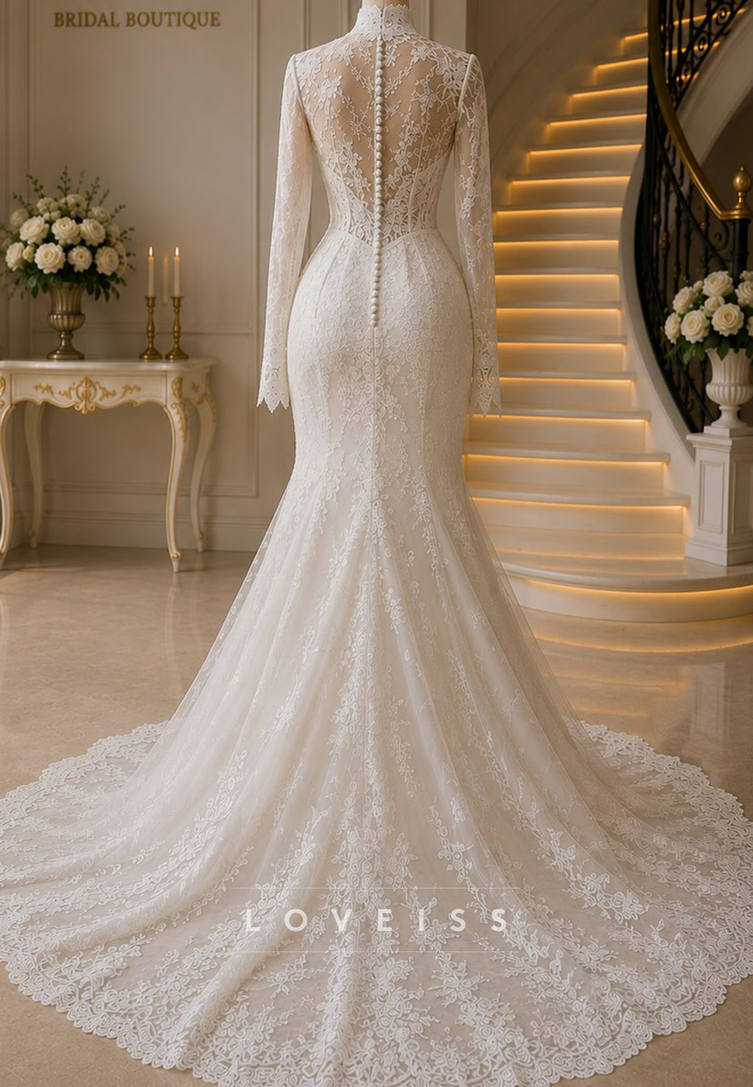 Illusion High Neck Long Sleeve Lace Mermaid Wedding Gown
