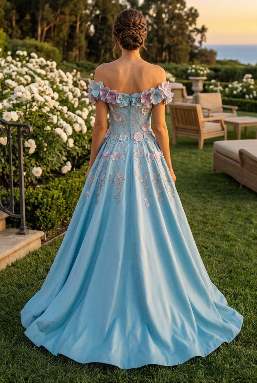 Off-the-Shoulder Floral Applique Ball Gown