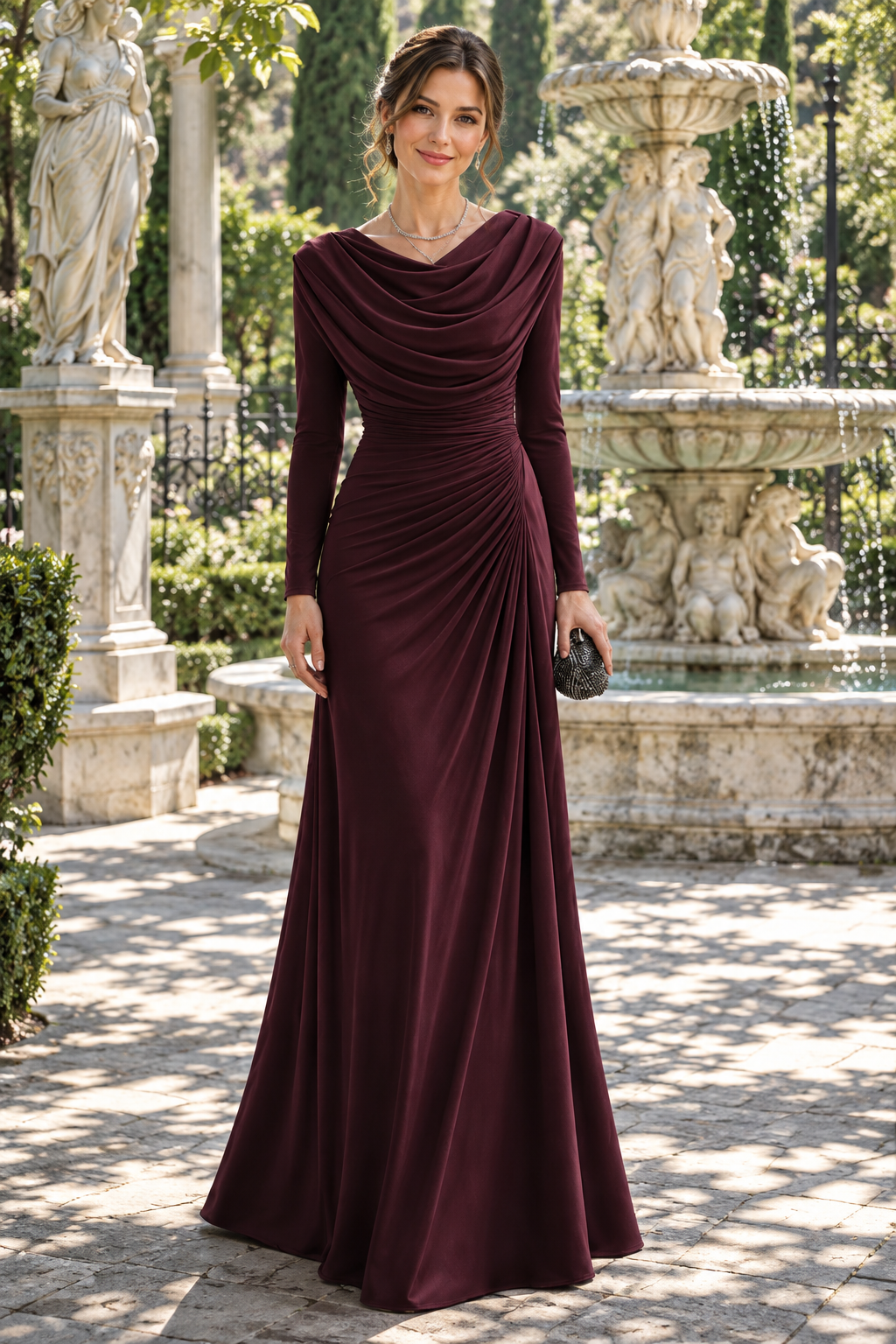 Cowl Neck Ruched Side-Draped Maxi Gown