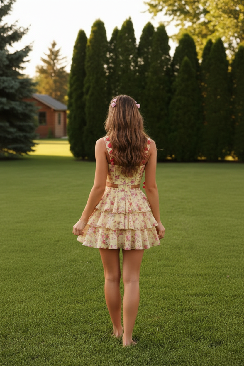 Floral Corset Tiered Ruffle Mini Dress