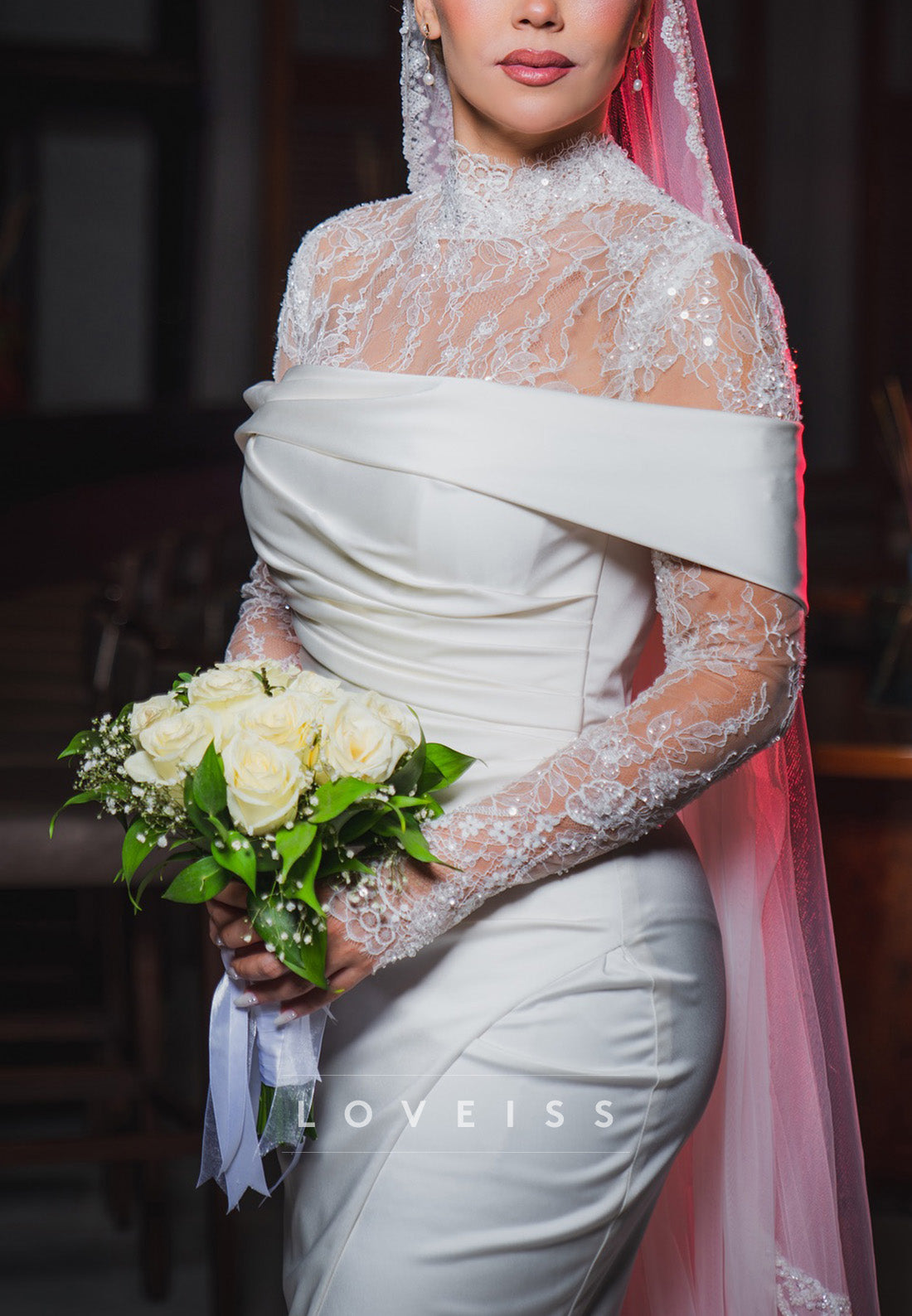 High-Neck Lace and Satin Sheath Wedding Dress