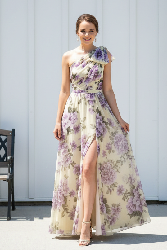 Floral One-Shoulder A-Line Gown with High Slit