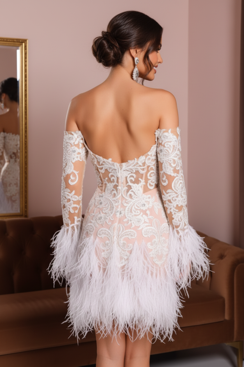 Feather Hem Off-the-Shoulder Lace Mini Dress
