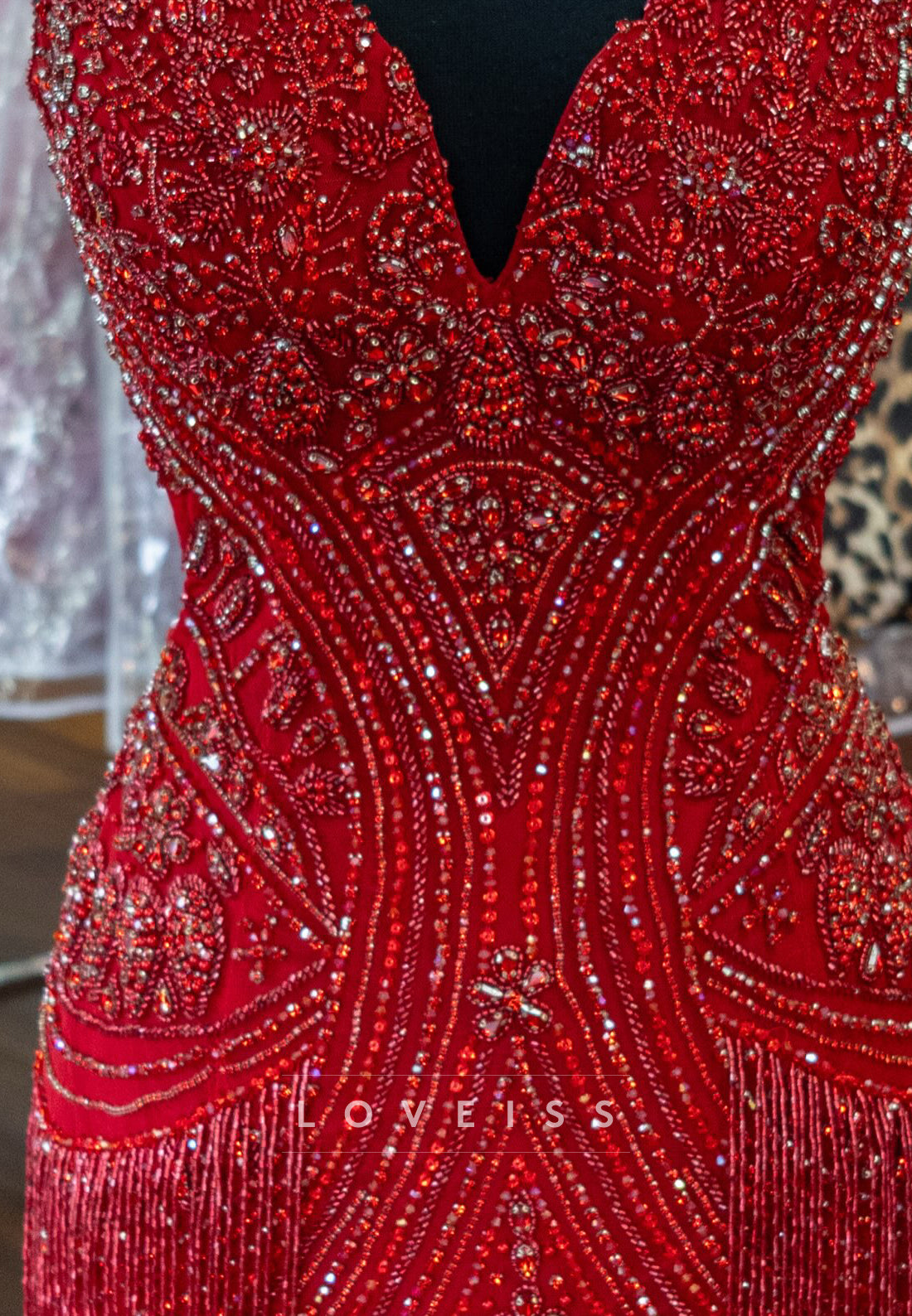 Heavily Beaded Fringe Open Back Mini Dress