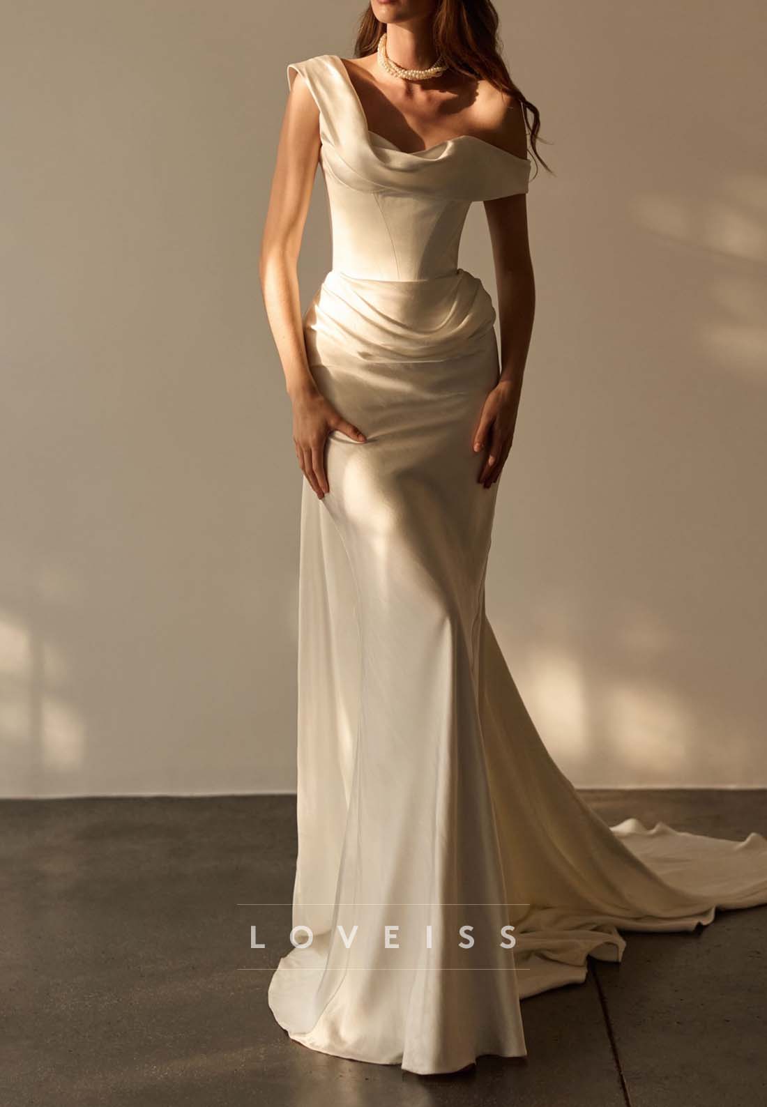 Asymmetrical Draped Satin Gown with Corset Bodice