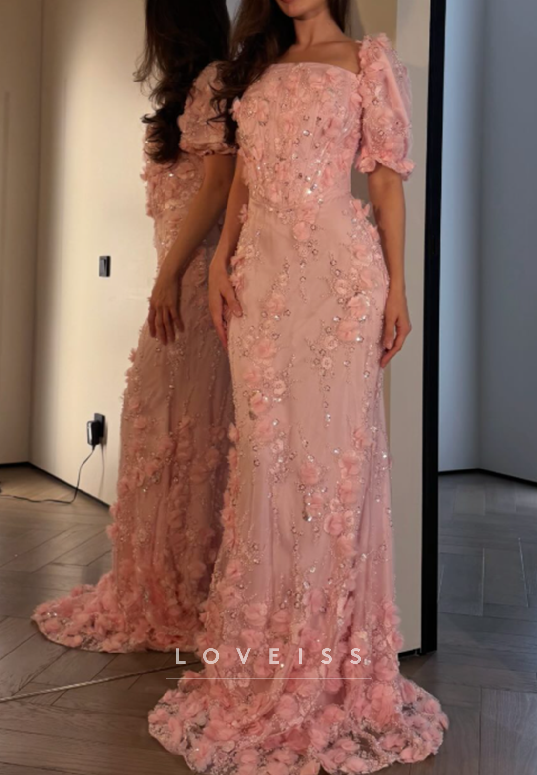 3D Floral Applique Puff Sleeve Column Evening Dress
