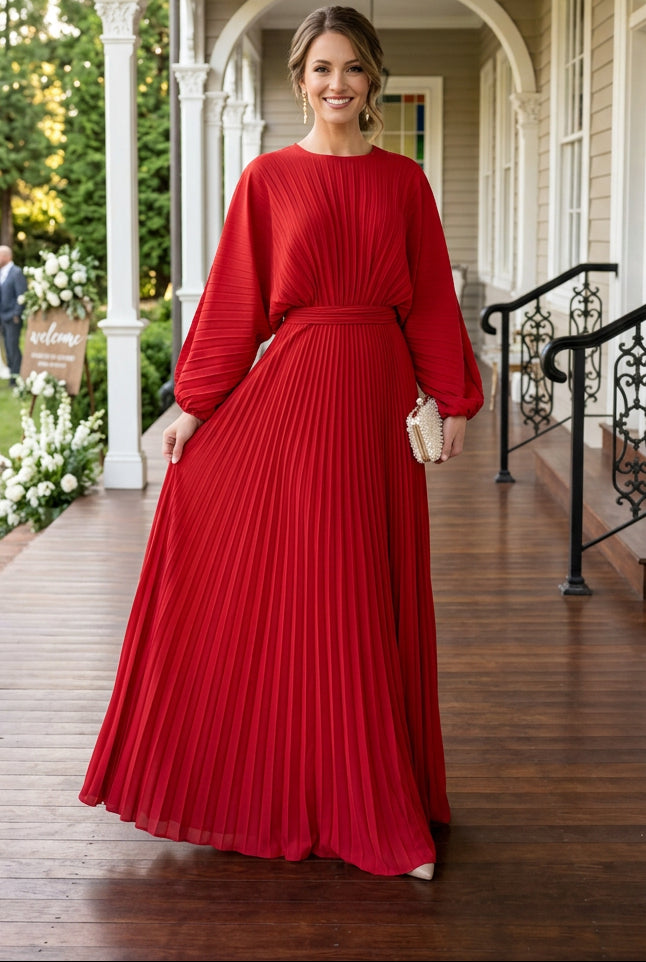 Pleated Batwing Sleeve Maxi Dress with Waistband