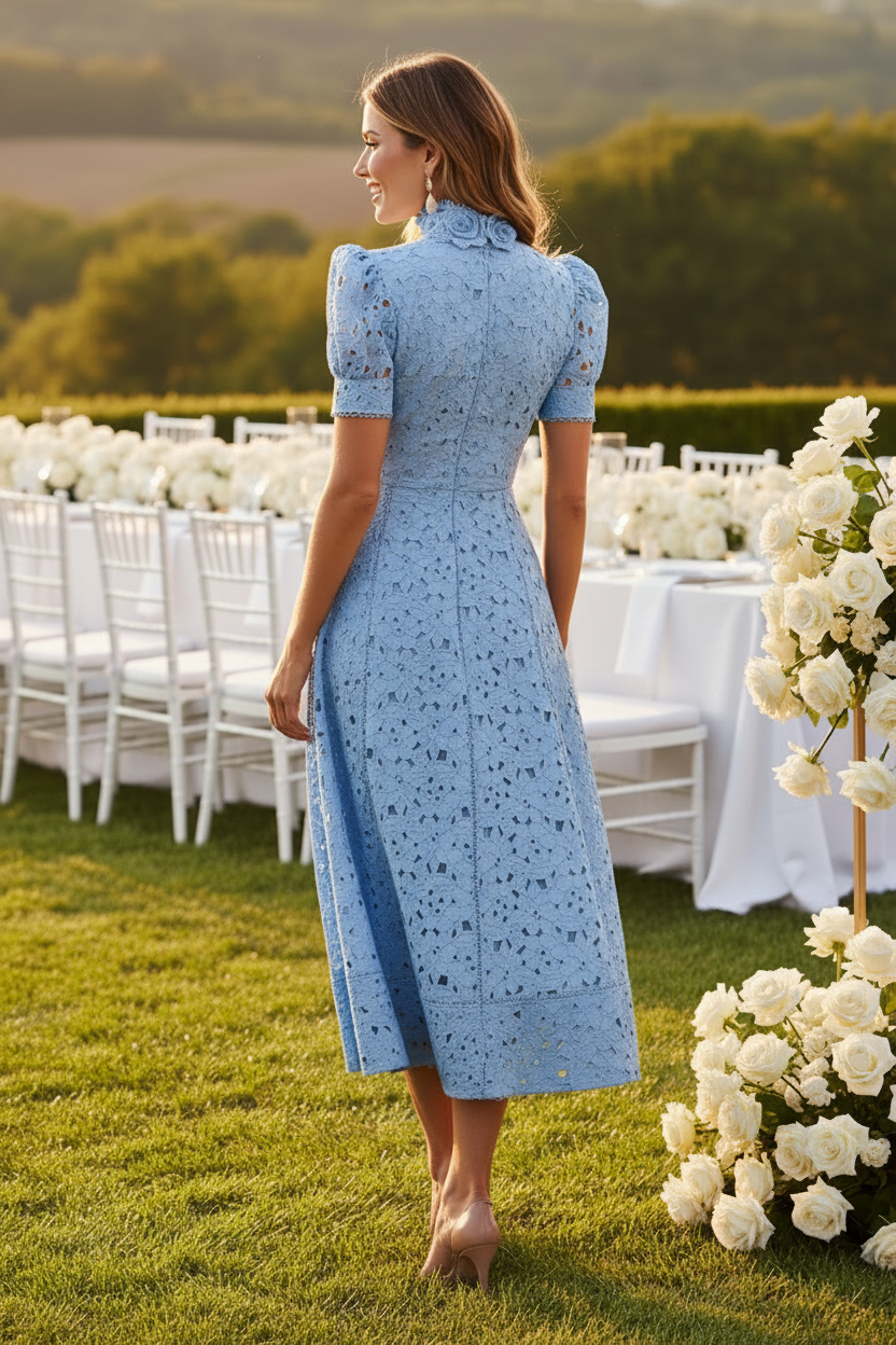 High-Neck Lace Midi Dress with 3D Flowers