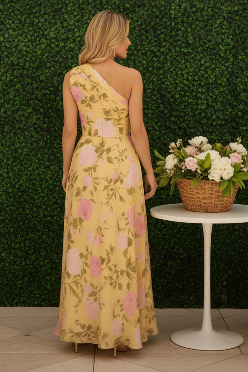 One-Shoulder Floral Print A-Line Gown with Pockets