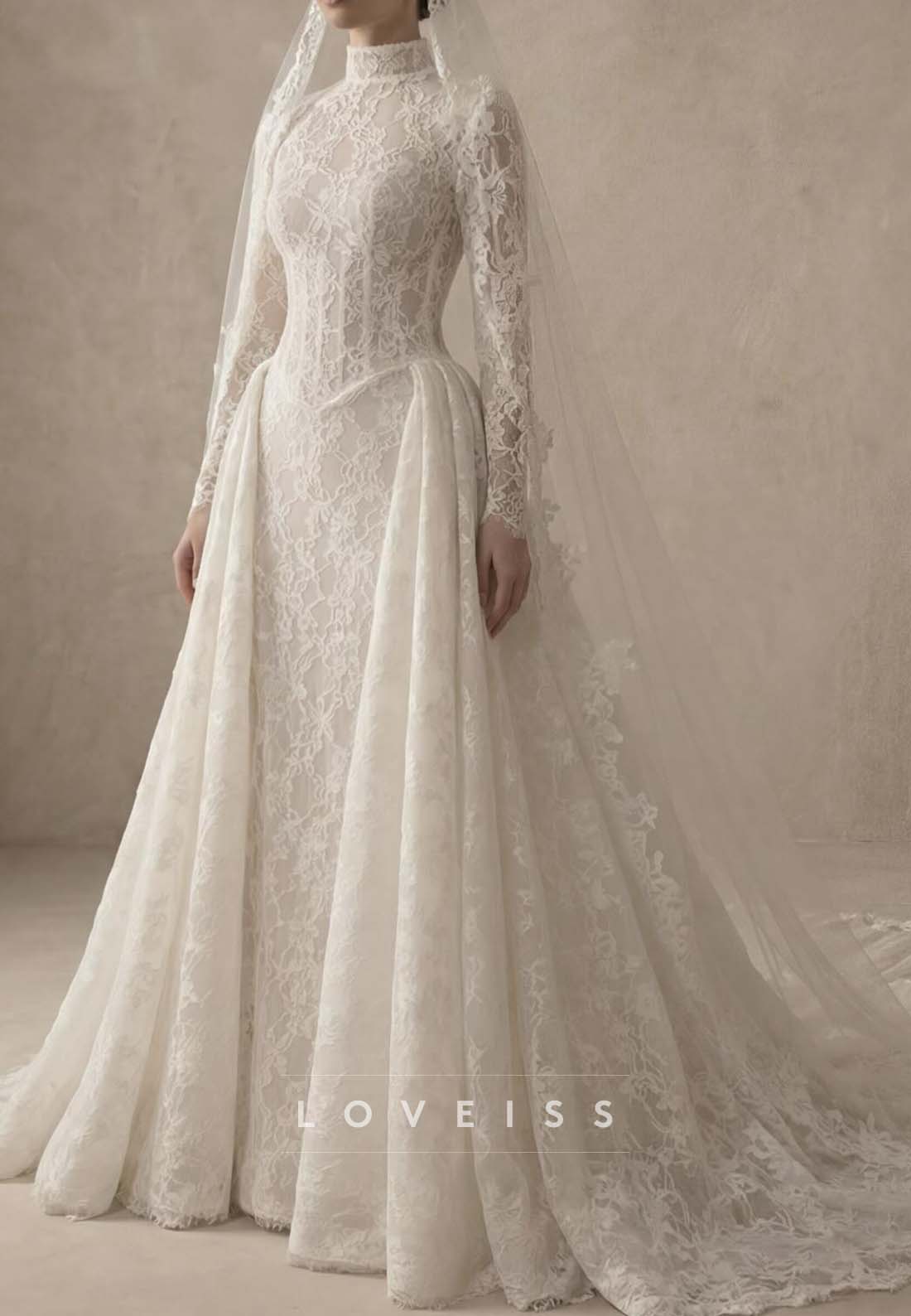 High Neck Lace Wedding Dress with Overskirt
