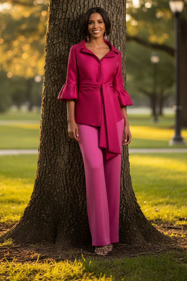 Tie-Waist Puff-Sleeve Top and Wide-Leg Pantsuit