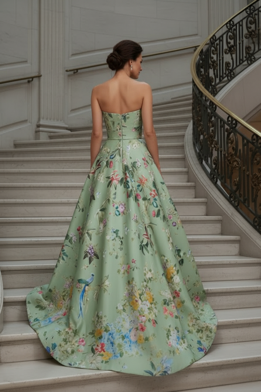 Strapless Notched Floral Print Evening Ball Gown