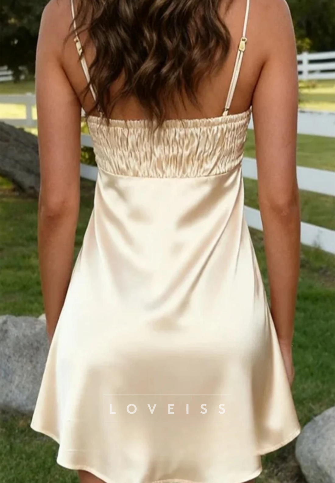 Ruched Satin Slip Mini Dress with Square Neckline