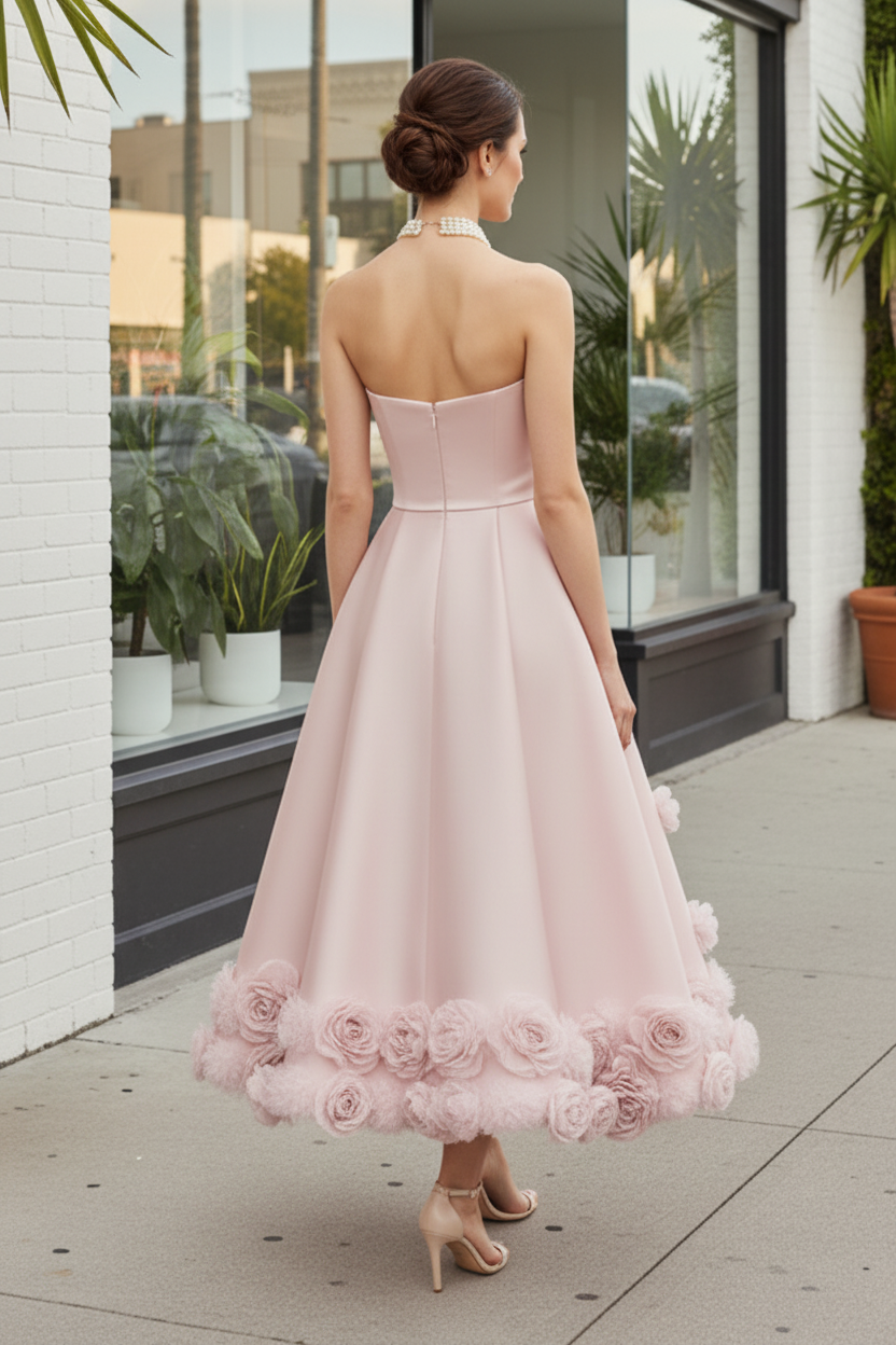 Strapless Satin A-Line Tea-Length Floral Dress