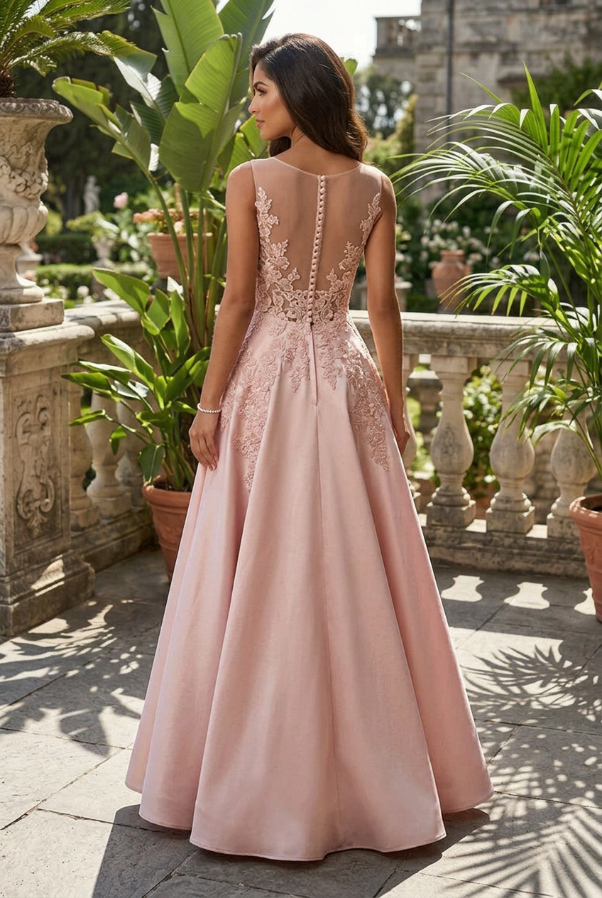 Illusion Neck Floral Lace Satin Ball Gown