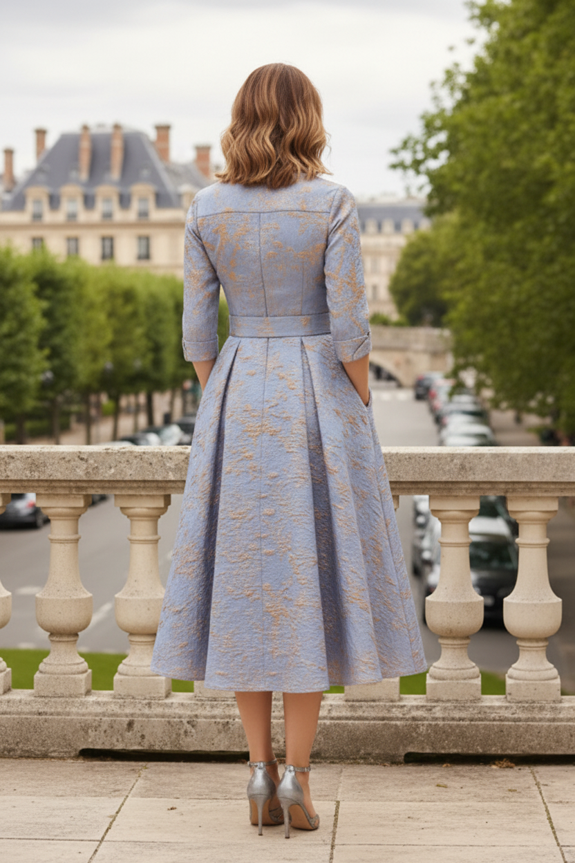 Elegant Jacquard A-Line Midi Dress with Pockets