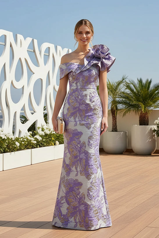 Floral Jacquard One-Shoulder Column Gown