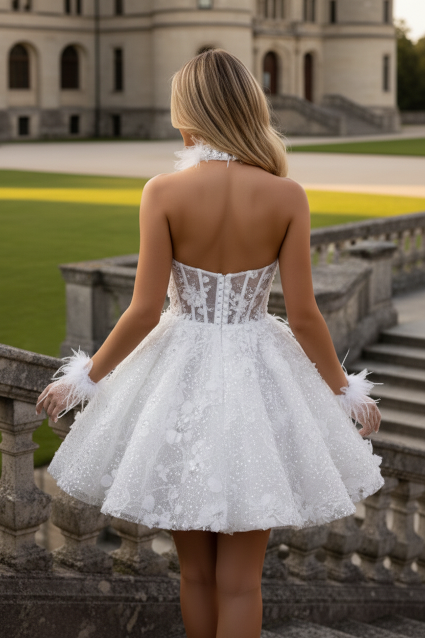 Strapless 3D Floral Feather Corset Mini Dress