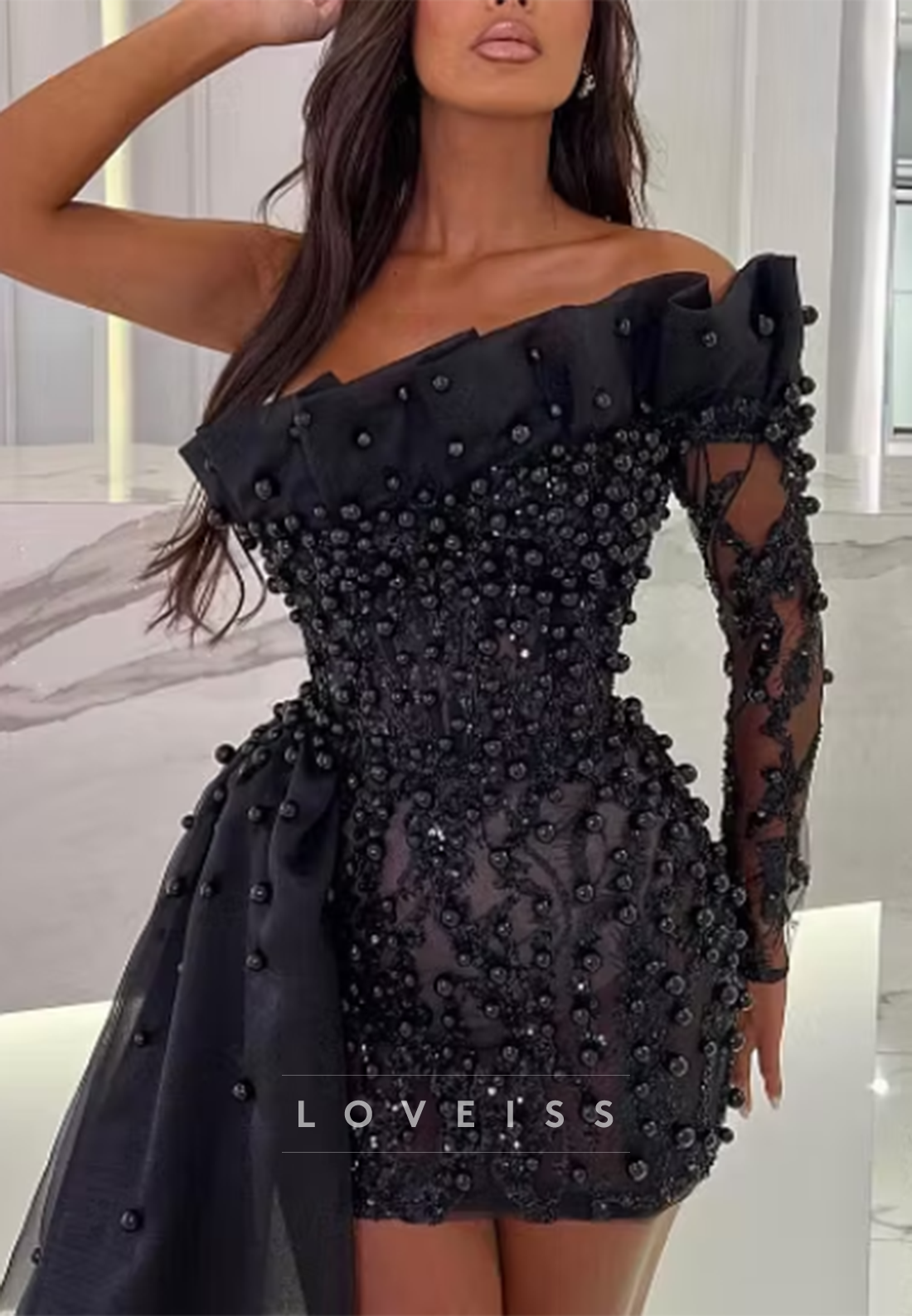 One-Shoulder Beaded Mini Dress with Dramatic Train