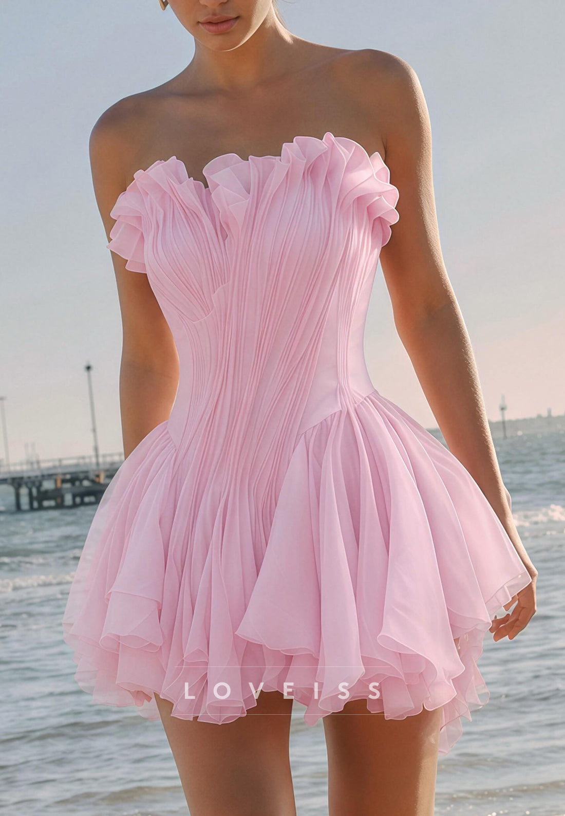 Strapless Ruffle Pleated Fit and Flare Mini Dress