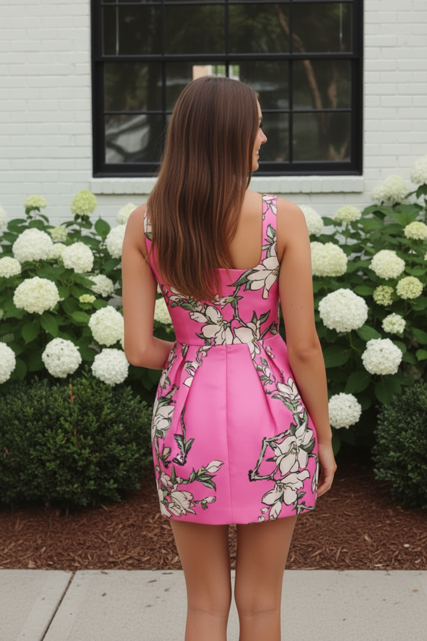 Square Neck Floral Pleated Mini Dress