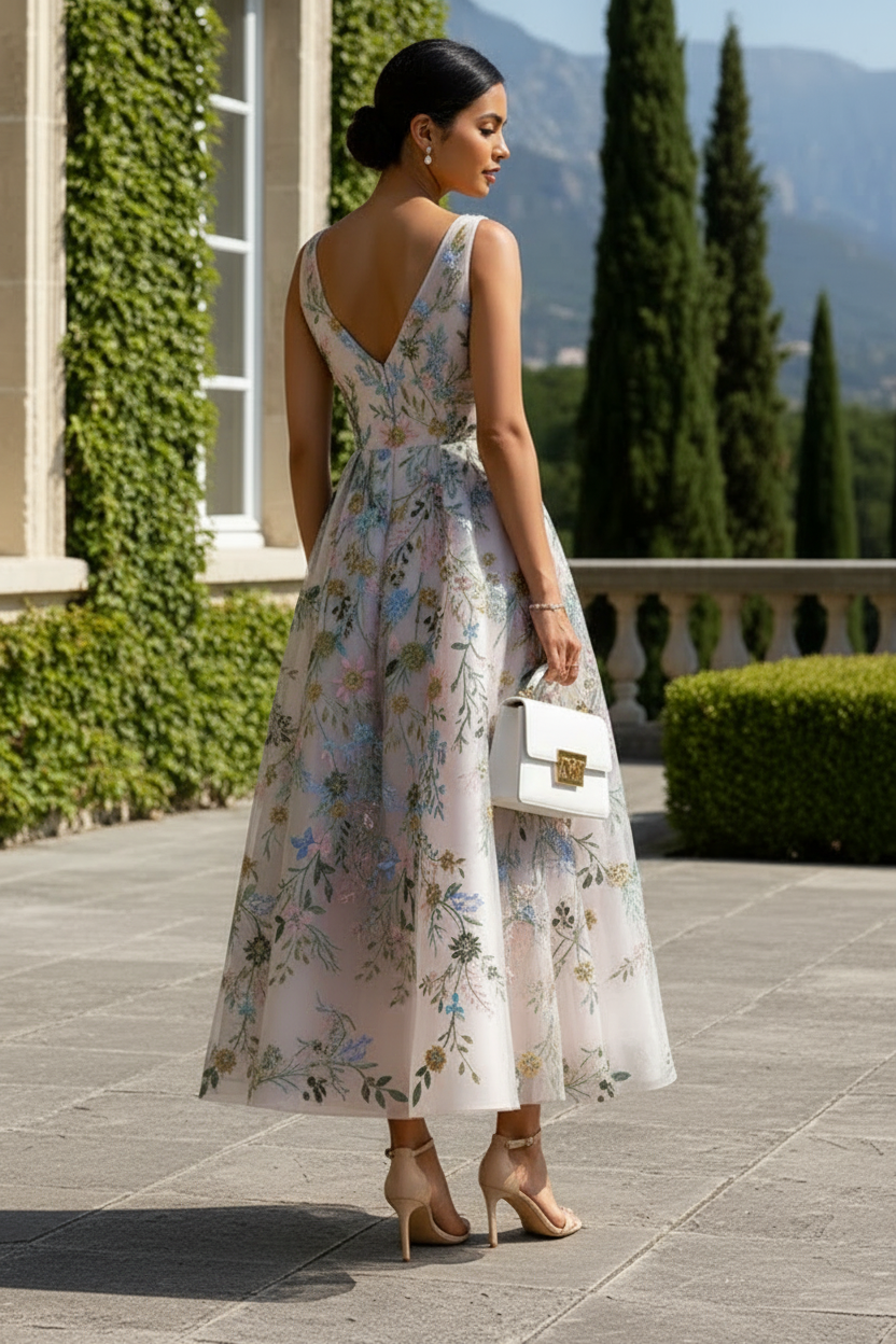 Floral Embroidered V-Neck Tea-Length A-Line Dress