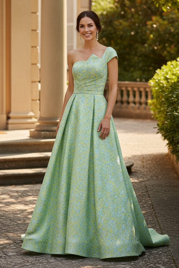 Asymmetrical Strapless Jacquard A-Line Gown