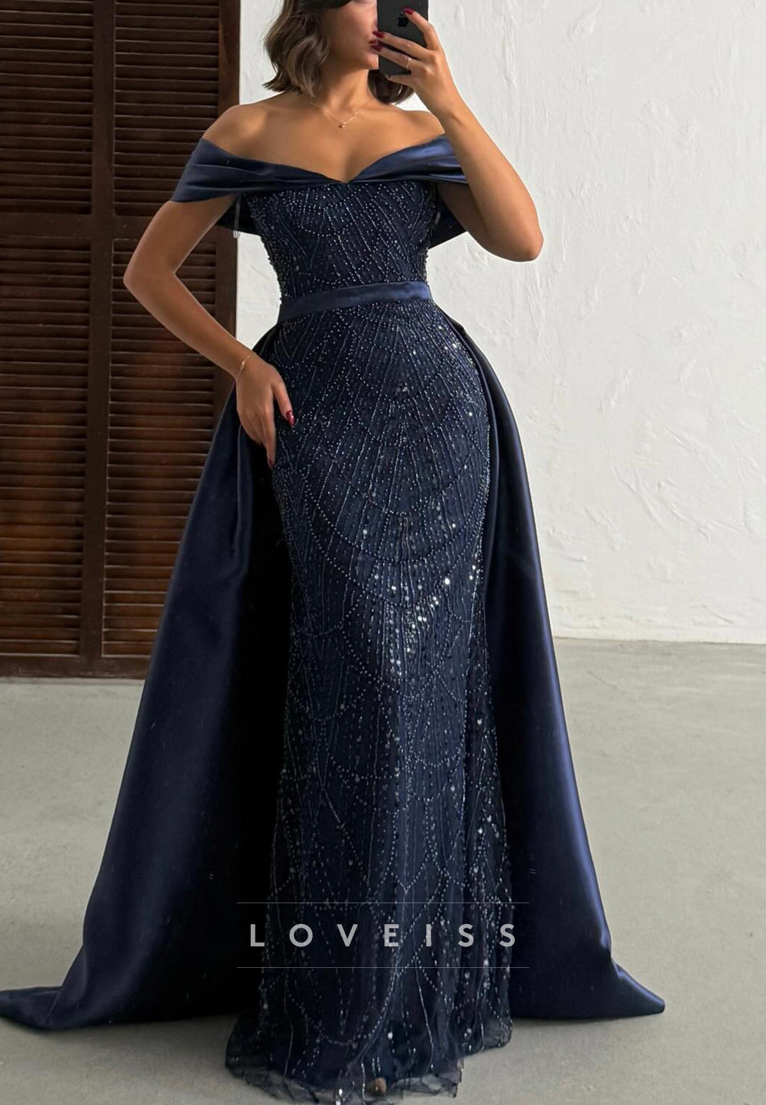 Off-the-Shoulder Beaded Evening Gown with Overskirt