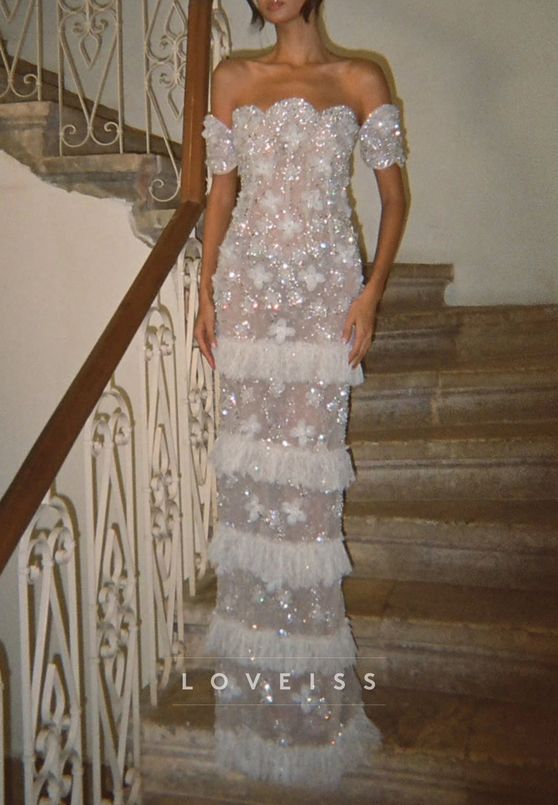 Off-Shoulder 3D Floral Beaded Tiered Mermaid Gown