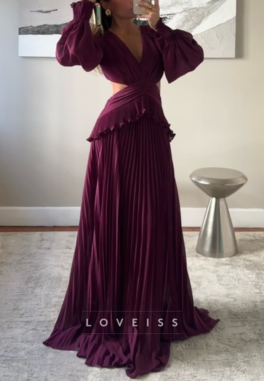 Pleated Cutout Long Sleeve Evening Gown
