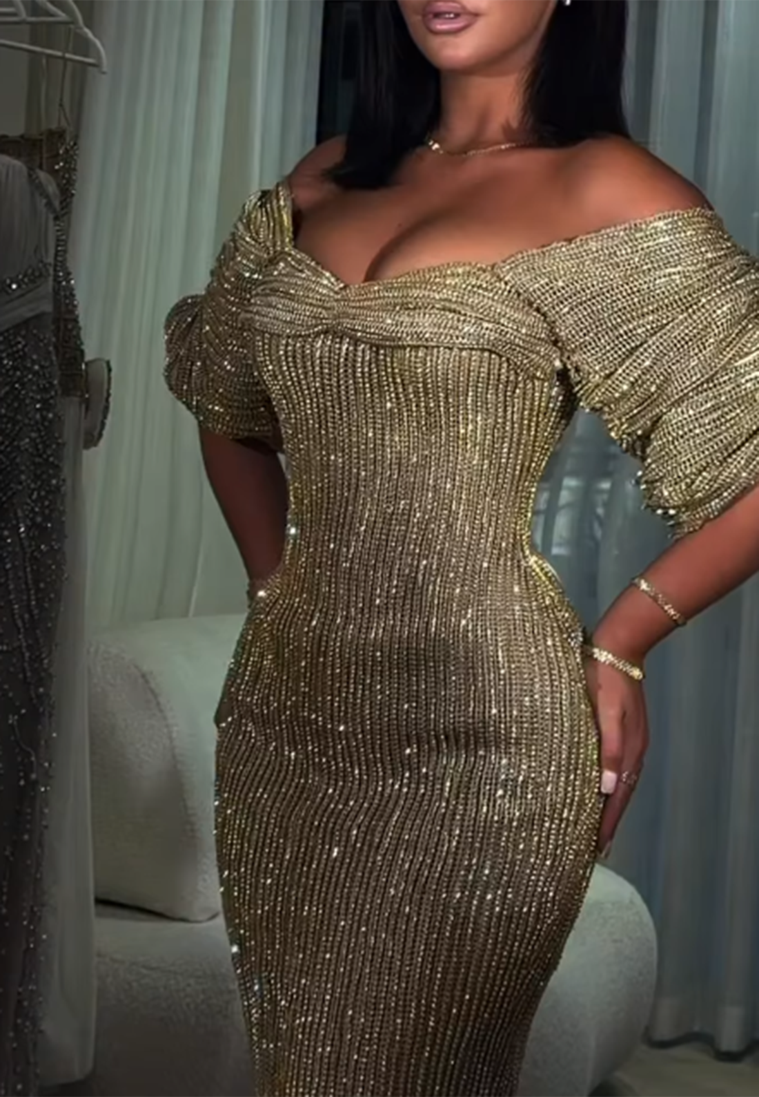 Off-Shoulder Beaded Floor-Length Evening Gown