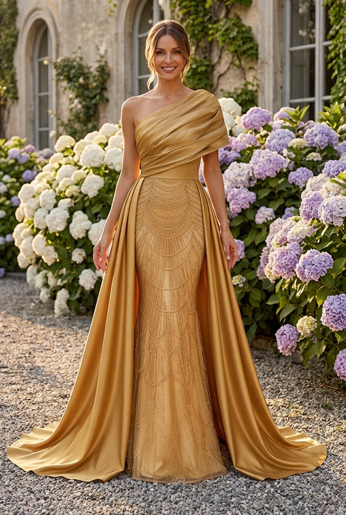 One-Shoulder Beaded Mermaid Gown with Overskirt