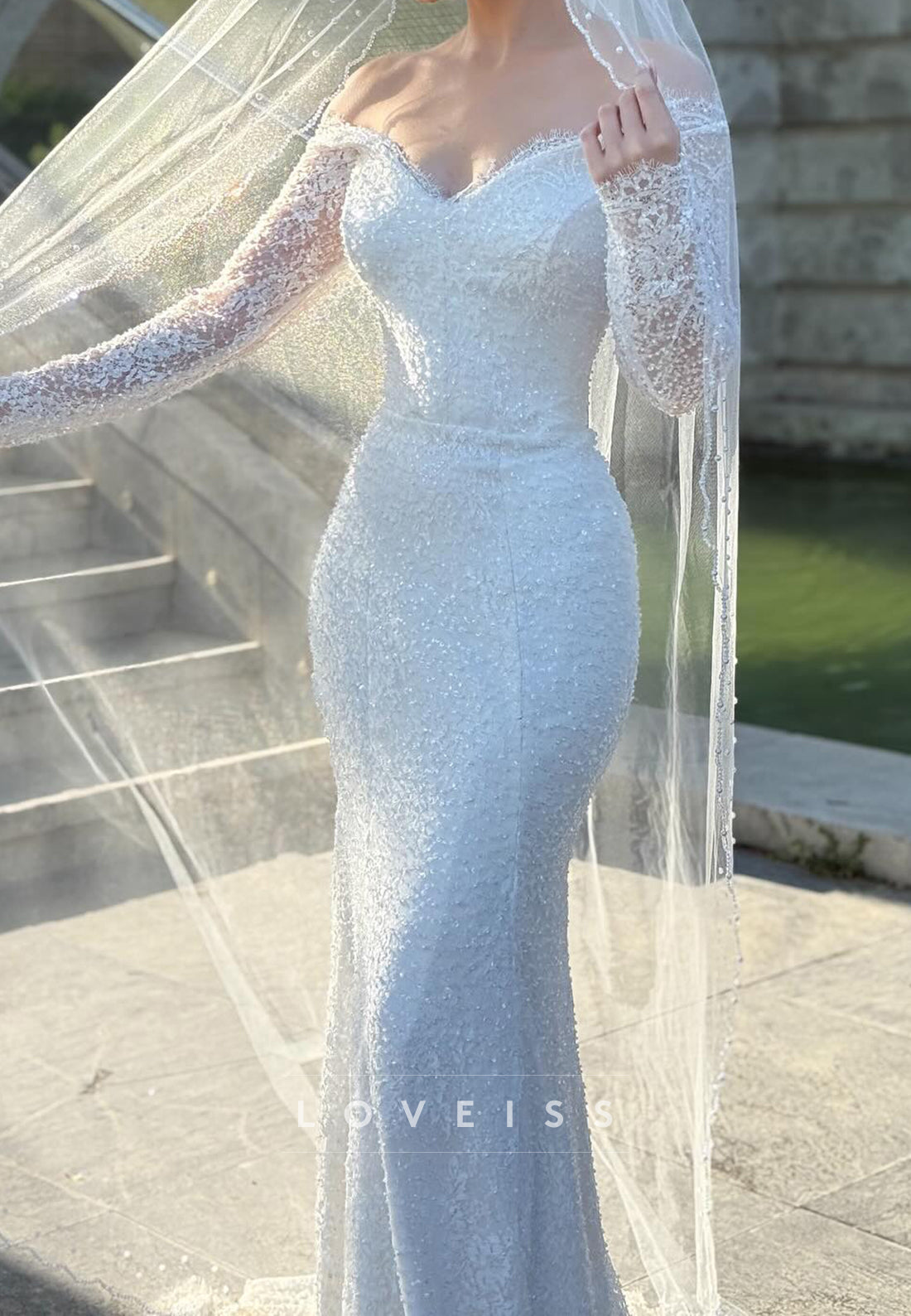Long Sleeve Lace and Pearl Mermaid Bridal Gown