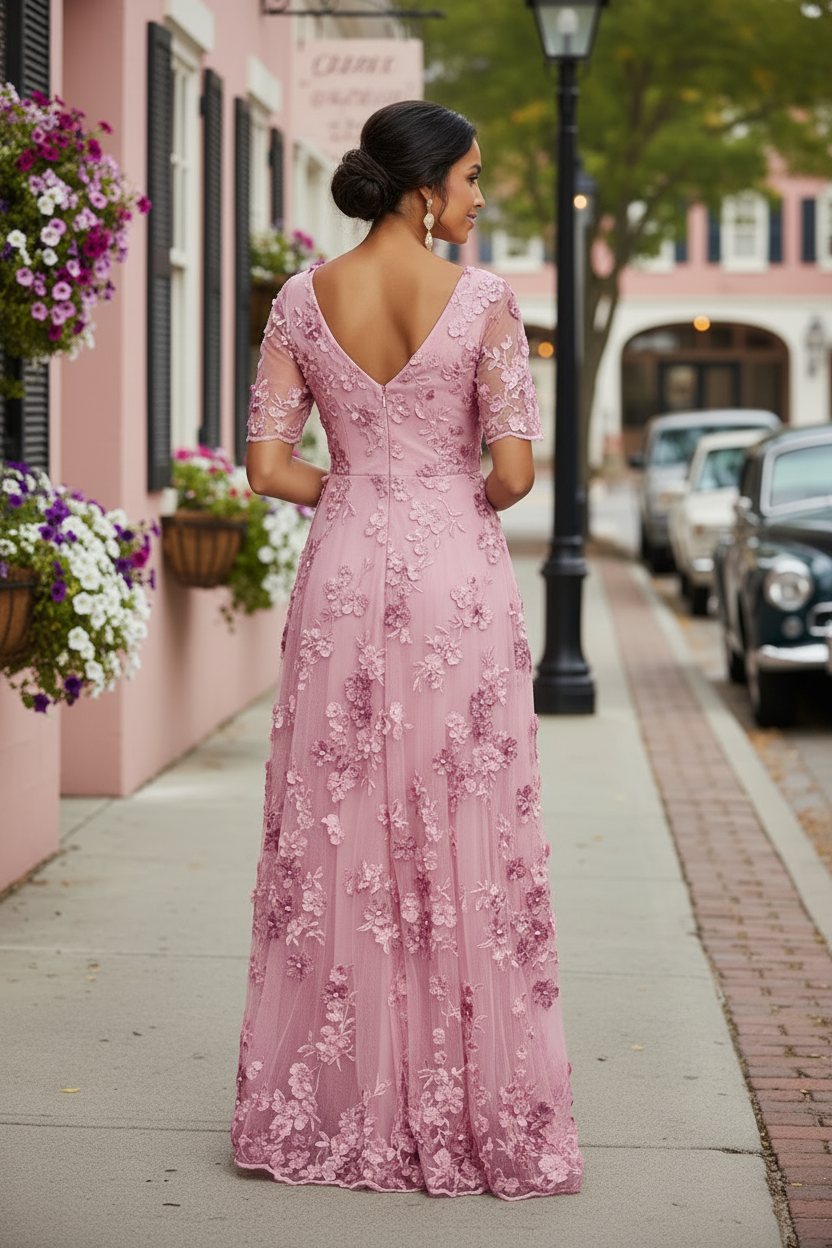 A-Line 3D Floral Applique Evening Gown