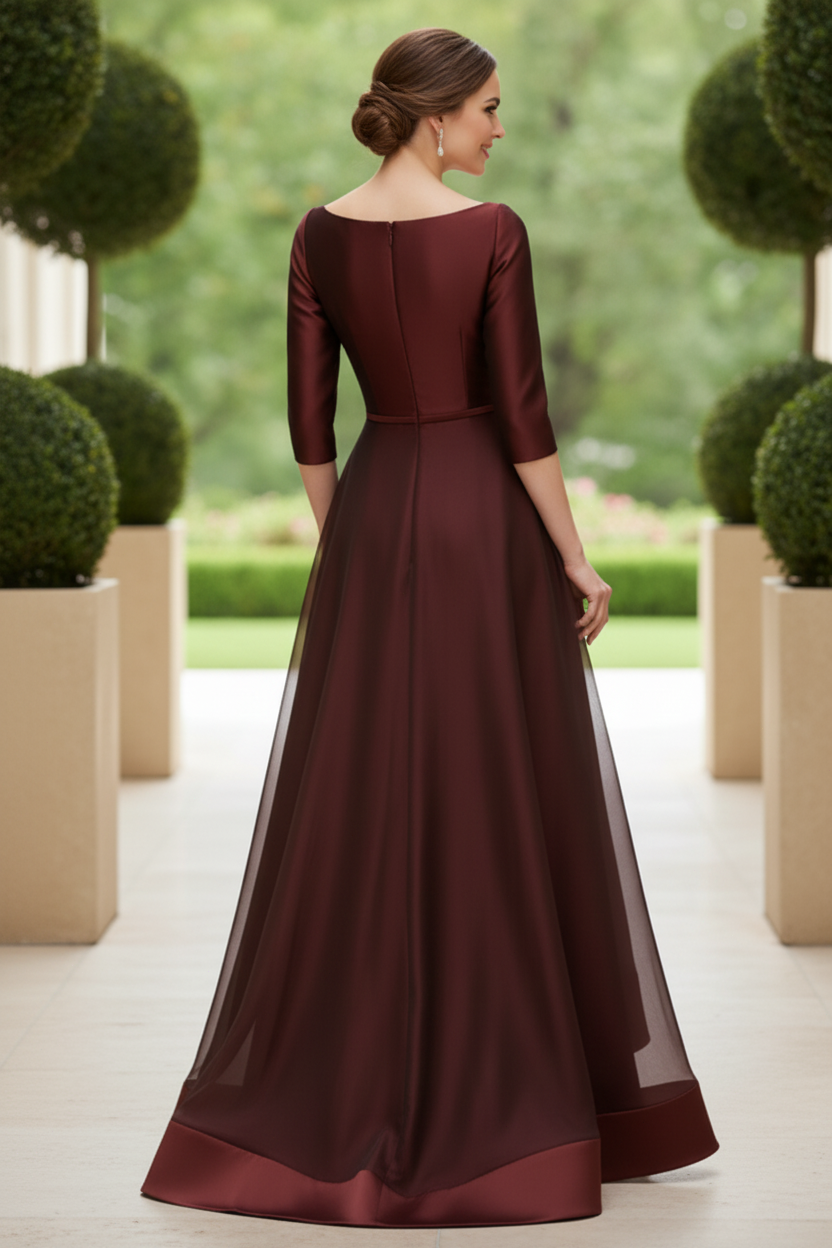 Bateau 3/4 Sleeve Pleated High-Low Evening Gown