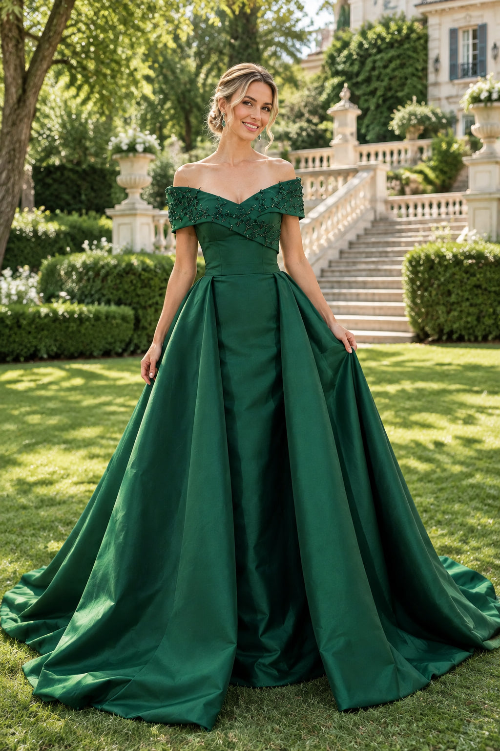 Off-the-Shoulder Beaded Gown with Overskirt