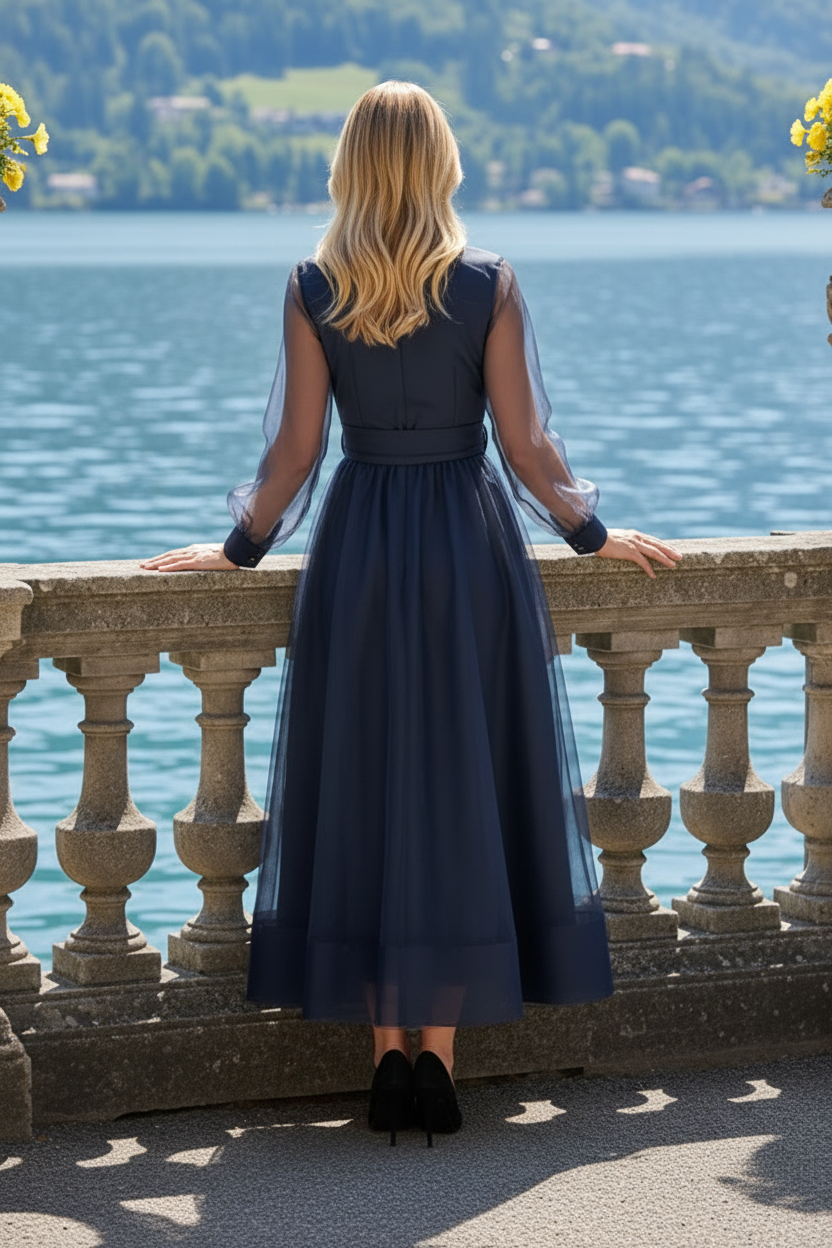 Long Sleeve Organza A-Line Tea-Length Dress