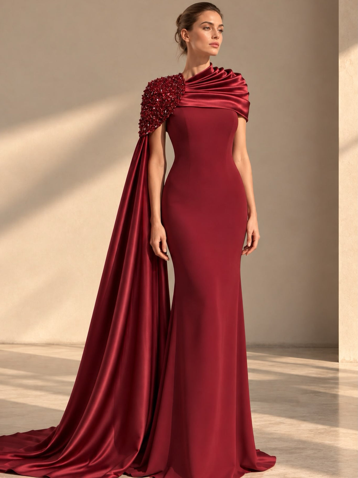 Beaded Shoulder Cape Evening Gown
